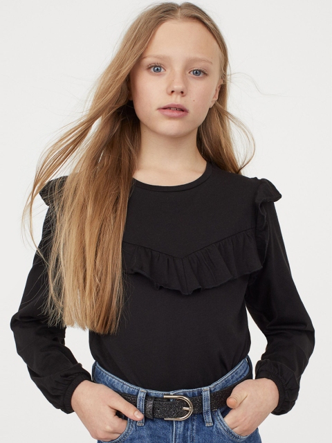 

H&M Girls Black Solid Flounce-Trimmed Jersey Top