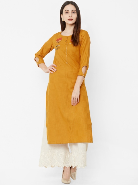 

Os Women Mustard Yellow Embroidered Straight Kurta