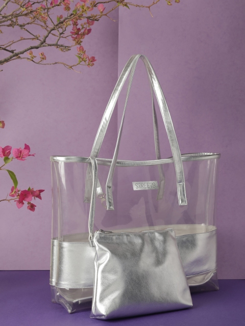 

STREET 9 Transparent & Silver Colourblocked Tote Bag