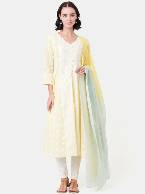 

IMARA Women Yellow & White Embroidered Kurta with Churidar & Dupatta