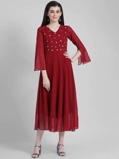 

Zink London Women Maroon Embellished Fit and Flare Dress