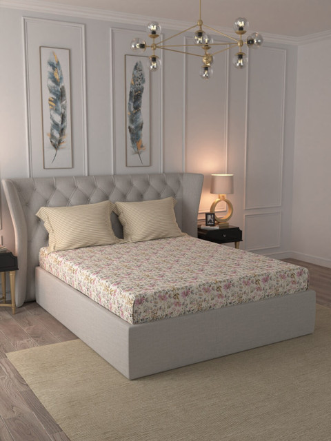 

Trident Beige & Pink Floral 144 TC Cotton 1 King Bedsheet with 2 Pillow Covers