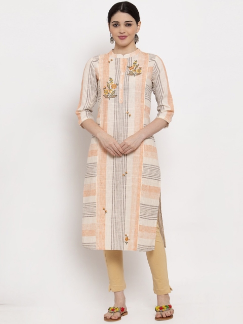

ANAISA Women White & Orange Striped A-Line Kurta