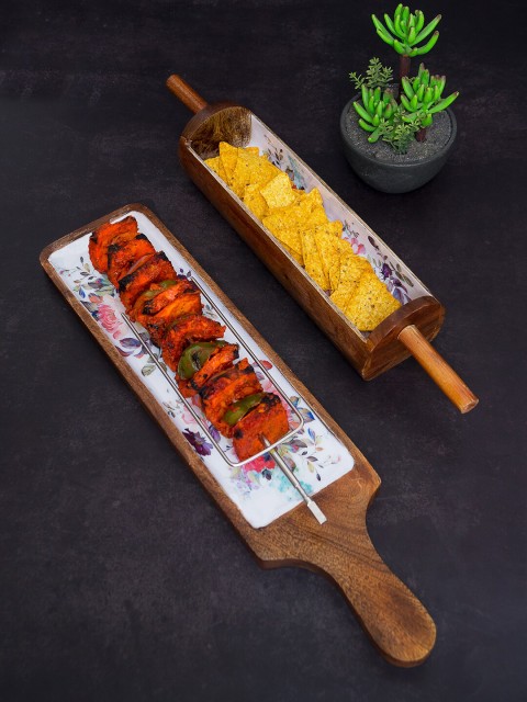 

Golden Peacock Set Of 2 Brown & White Printed Wooden Serving Trays