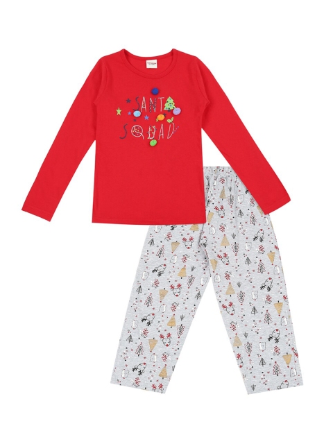 

RAINE AND JAINE Girls Red & Grey Melange Printed Night Suit