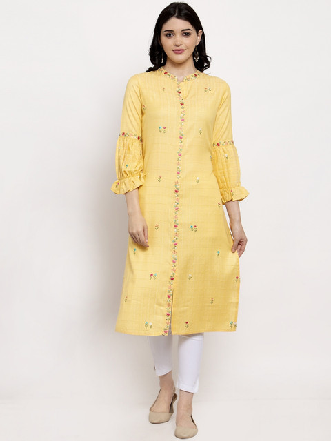 

ANAISA Women Yellow Embroidered Straight Kurta
