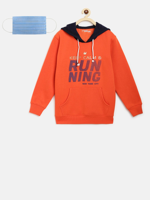 

Lil Tomatoes Boys Orange Printed Hooded Sweatshirt
