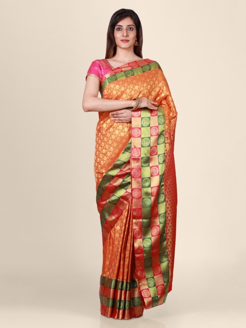 

CLAI WORLD Orange & Red Silk Blend Woven Design Handloom Saree