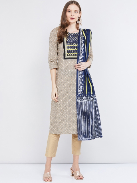 

max Women Beige Printed Kurta with Trousers & Dupatta