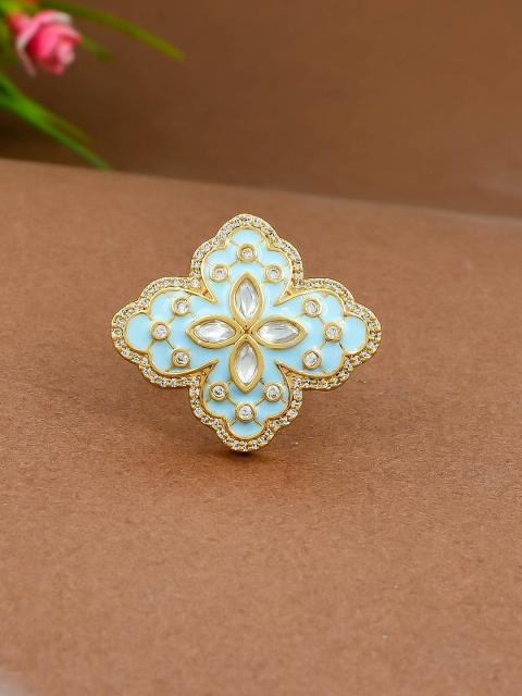 

Imittire Women Gold-Plated Turquoise Blue Kundan-Studded Enamelled Cocktail Ring