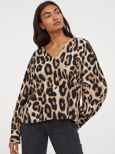 H&M Women Beige Printed Crepe Blouse