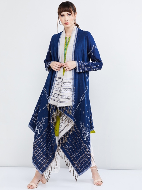 

max Women Navy Blue Printed Open Front Shrug