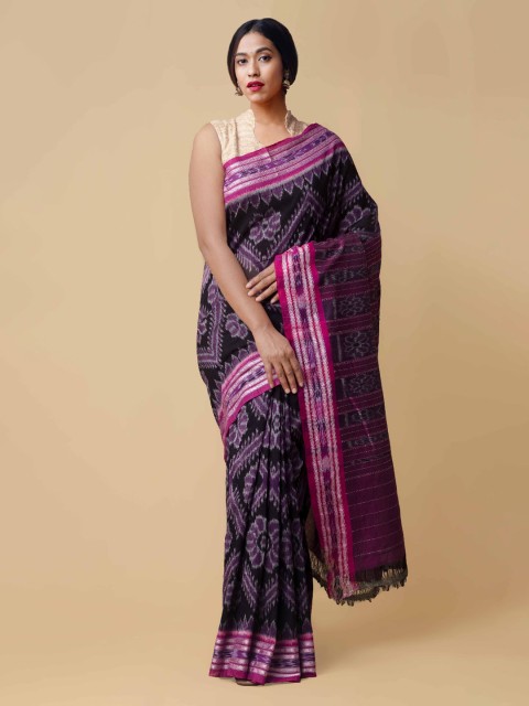 

Unnati Silks Black & Magenta Pure Cotton Printed Handloom Sambalpuri Saree