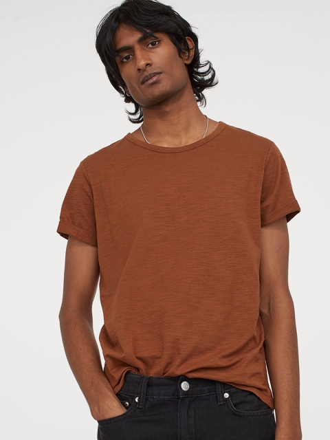 

H&M Men Brown Solid Cotton T-shirt Regular Fit