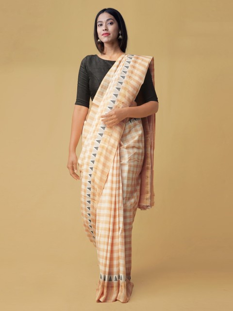 

Unnati Silks Cream-Coloured & Off-White Pure Cotton Checked Chettinad Sustainable Saree