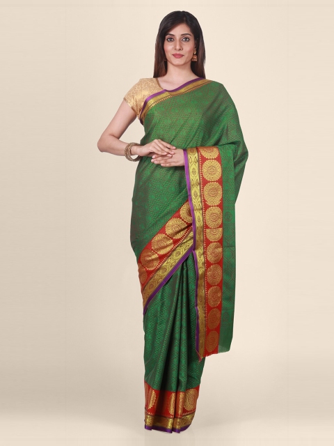 

CLAI WORLD Green & Red Silk Blend Handloom Woven Design Saree