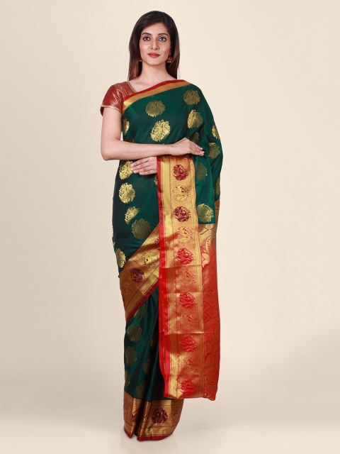 

CLAI WORLD Green & Gold-Toned Silk Blend Handloom Woven Design Saree