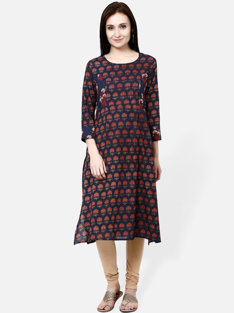 

Molcha Women Navy Blue & Red Yoke Design A-Line Kurta