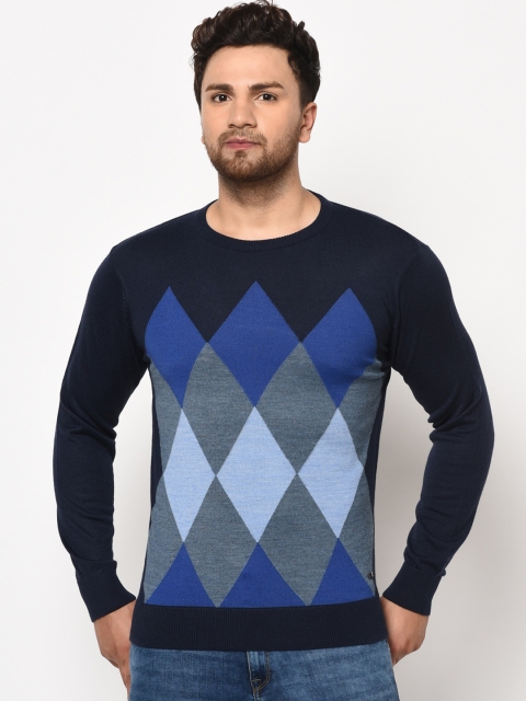 

98 Degree North Men Navy Blue Checked Pullover Sweater