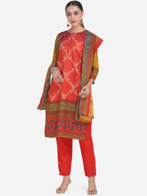 

Ethnic Junction Red & Mustard Yellow Cotton Blend Unstitched Dress Material