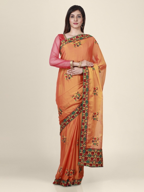 

CLAI WORLD Orange & Green Silk Blend Embroidered Saree