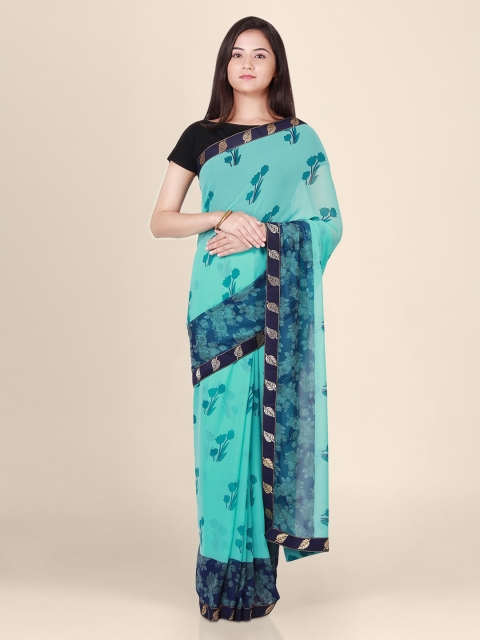 CLAI WORLD Blue Printed Poly Georgette Saree