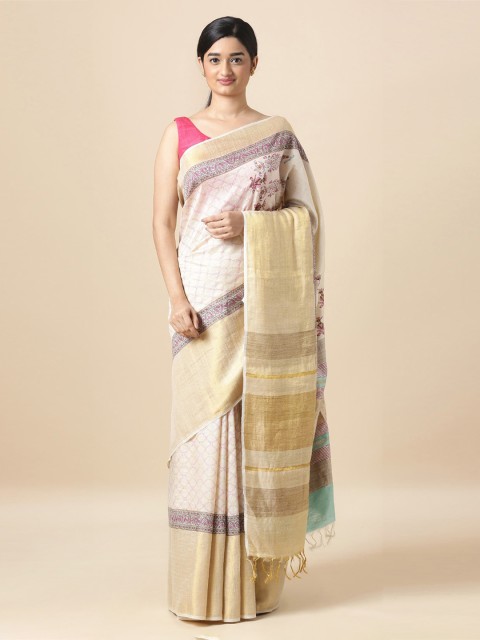 

Taneira White & Gold-Toned Pure Silk Printed Block Print Sustainable Saree