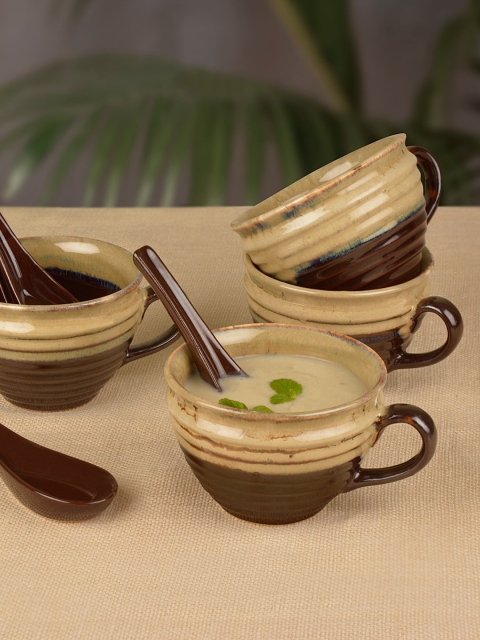 

StyleMyWay Set of 4 Off White and Brown Hand Glazed Ceramic Soup Cup with Spoon