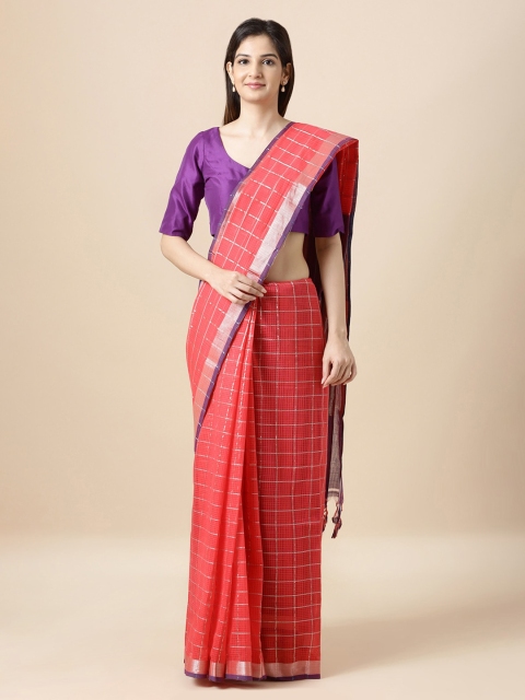 

Taneira Coral Pink & Purple Pure Cotton Checked Mangalagiri Saree