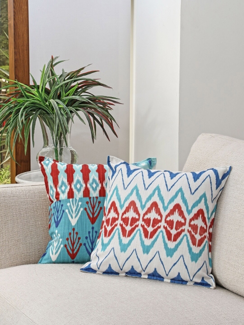 

BLUE BOAT Blue & Red Set of 2 Geometric Square Cushion Covers