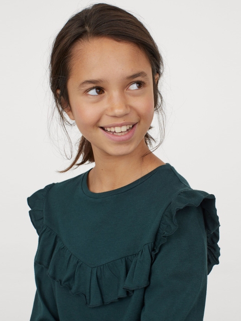 

H&M Girls Green Solid Flounce-Trimmed Jersey Top