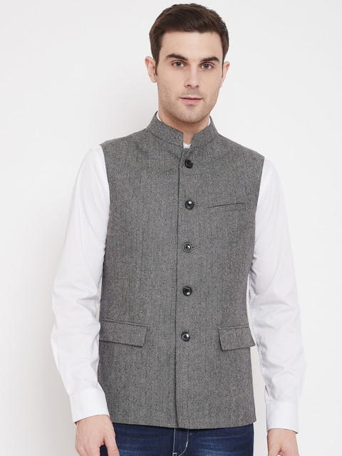 

Spirit Men Grey Striped Wool Blend Tailored Fit Nehru Jacket