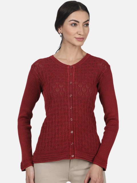 

Monte Carlo Women Maroon Self Design Cardigan Sweater