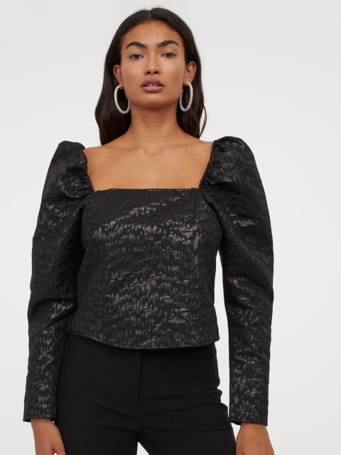 

H&M Women Black Jacquard-Weave Top