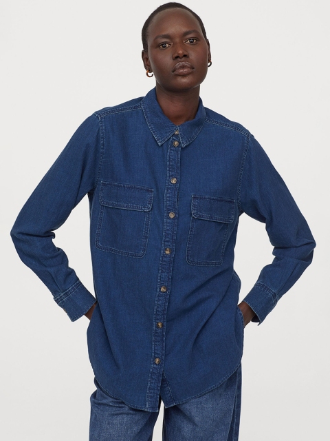 

H&M Women Blue Solid Lyocell Utility Shirt