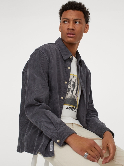 

H&M Men Grey Solid Corduroy Shacket