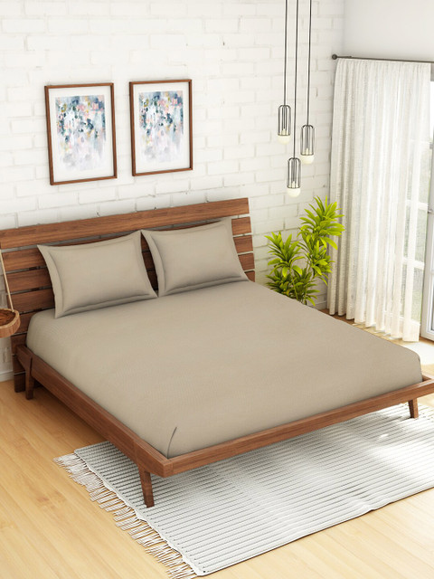 

SPACES Beige Solid 300 TC Cotton 1 Queen Bedsheet with 2 Pillow Covers