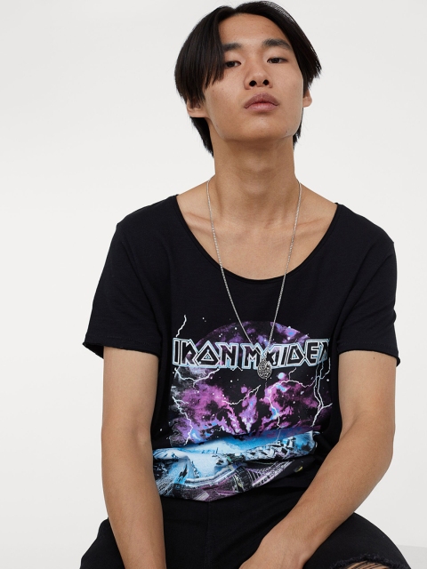 

HM Men Black Printed Pure Cotton T-shirt