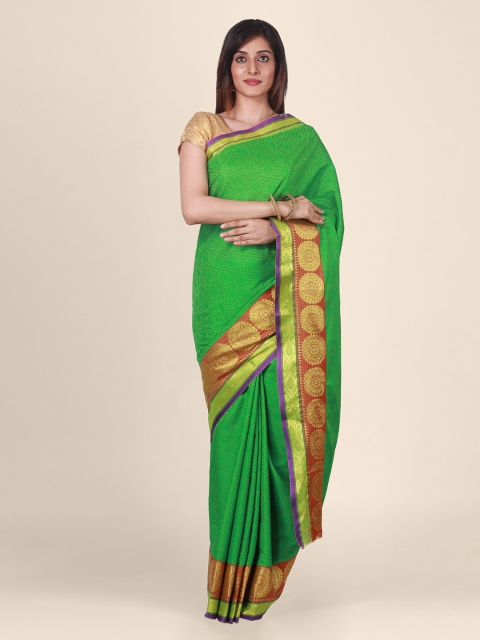 

CLAI WORLD Green & Gold-Toned Silk Blend Solid Saree