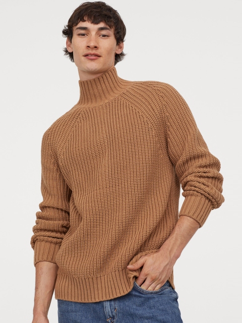 

H&M Men Brown Solid Collared Ribbed Jumper