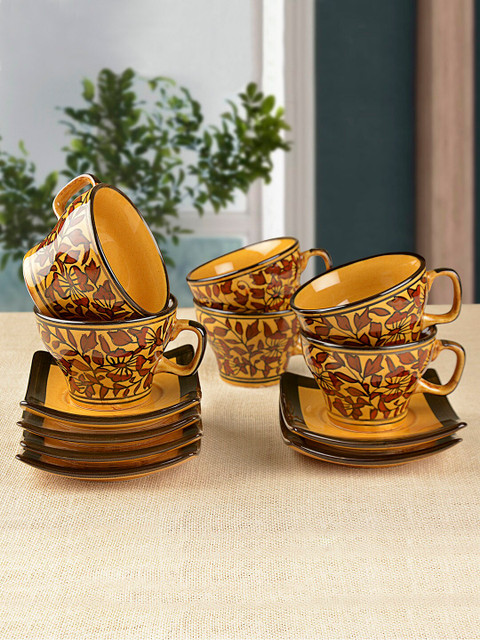 

StyleMyWay Set Of 6 Yellow & Brown Printed Ceramic Glossy Cups and Saucers Set