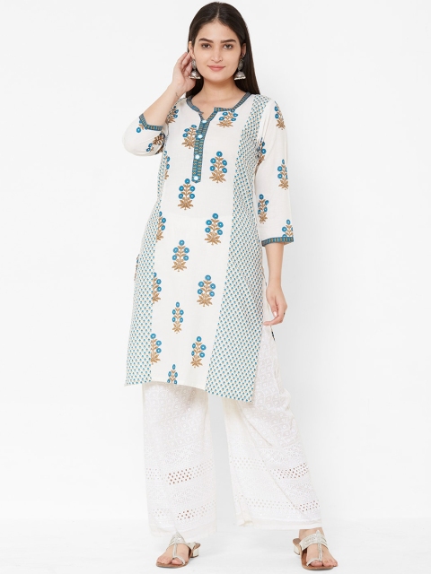 Vedic Women Blue & Off-White Printed A-Line Kurta