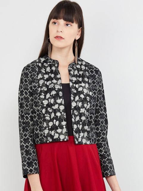 

max Women Black Printed Open Front Jacket