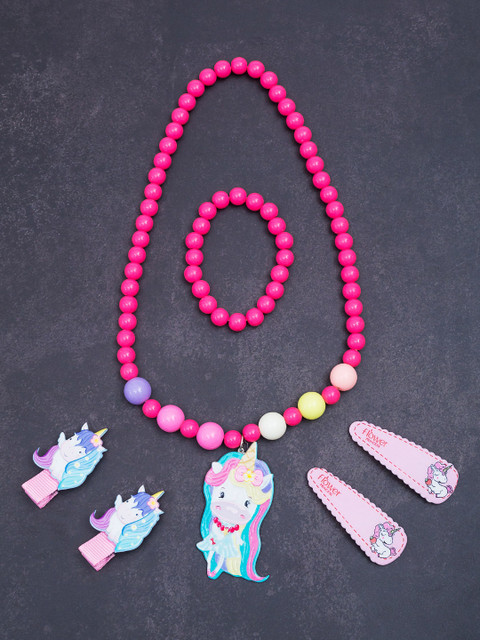 

Golden Peacock Girls Pink & Blue Pearls Beaded Unicorn Pendant Jewellery Set