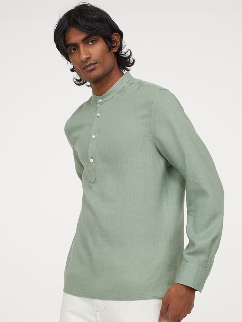 

H&M Men Green Solid Regular Fit Grandad Shirt