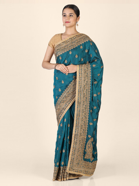 

Hastakala Blue & Gold Satin Embroidered Saree