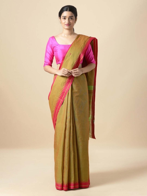 

Taneira Green & Pink Pure Cotton Solid Saree