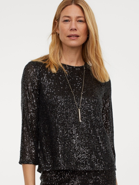 

H&M Women Black Sequinned 3/4-Length-Sleeved Top