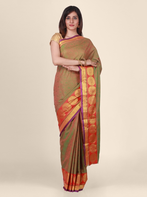 

CLAI WORLD Green & Gold-Toned Cotton Blend Woven Design Handloom Saree