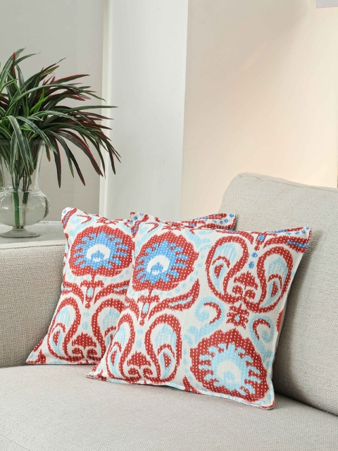 

BLUE BOAT Blue & Red Set of 2 Floral Square Cushion Covers